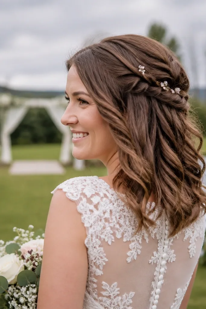 Short auburn hair with a twist pattern across the sides