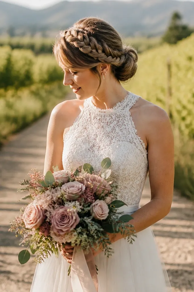 Short dark hair with a side French braid ending in a pinned bun