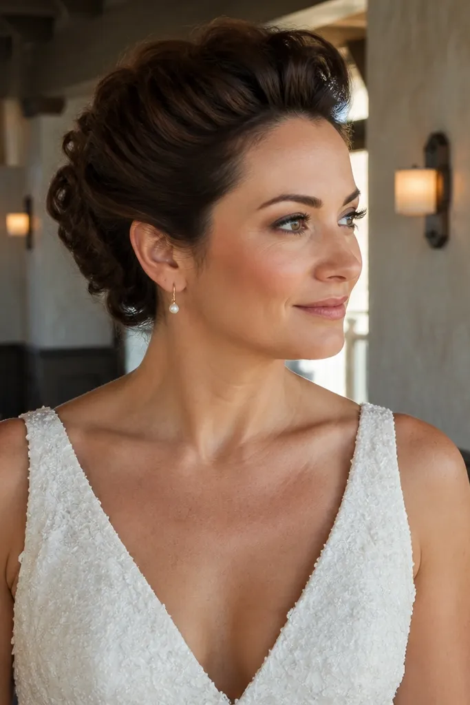 Short hair styled into a small textured pompadour with pins