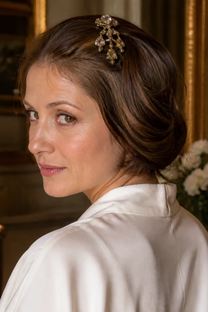 Short hair rolled into a twist with a jeweled pin at the center