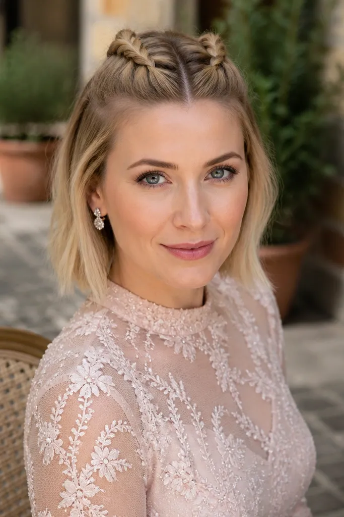 Short hair half-up with two rope braids and tucked ends