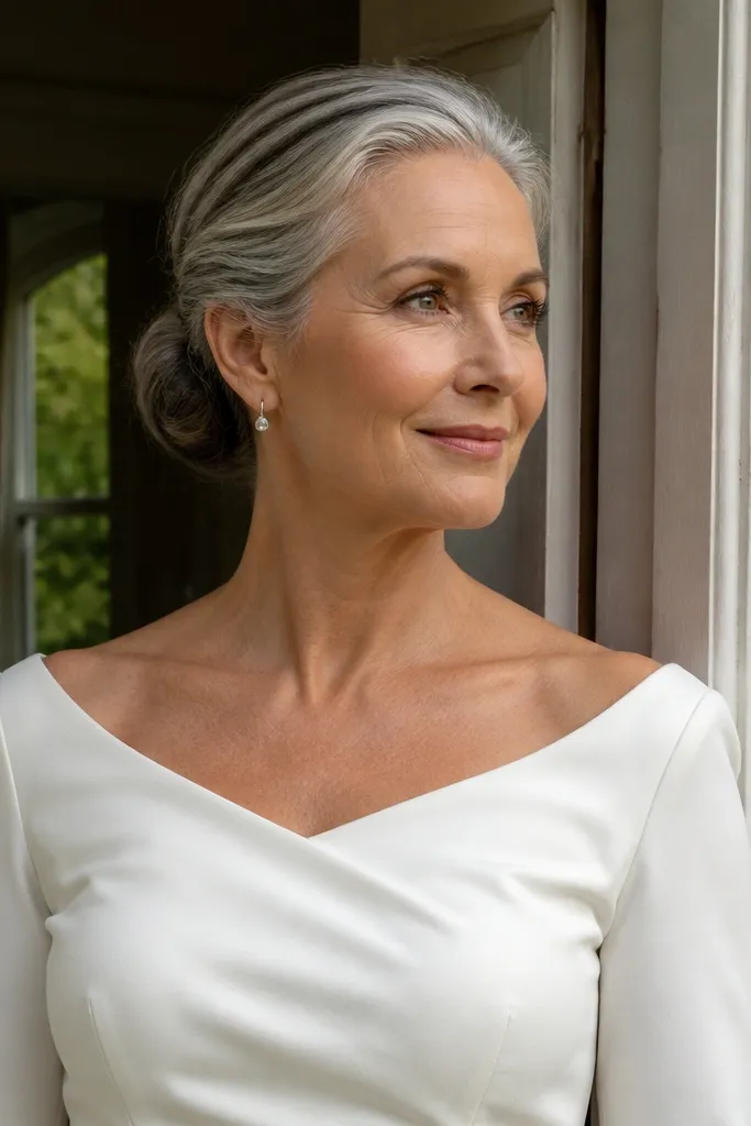Short hair in a low twisted bun with clips wrapped at the hairline