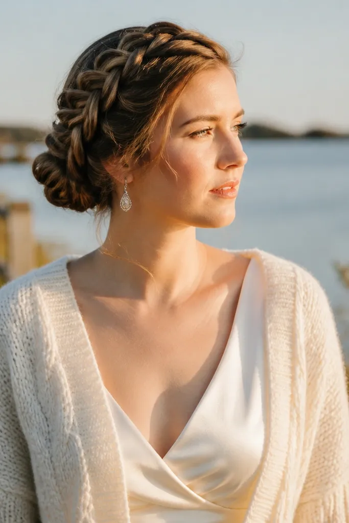 Short hair with a side braid and a tiny pinned bun at the back