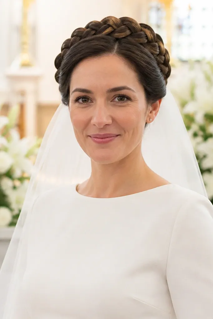 Short hair halo braid around the head with a centered pinned section