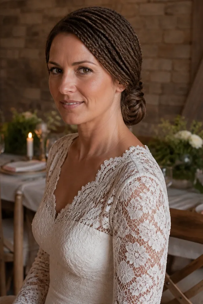 Short hair with several tiny braids leading into a low knot