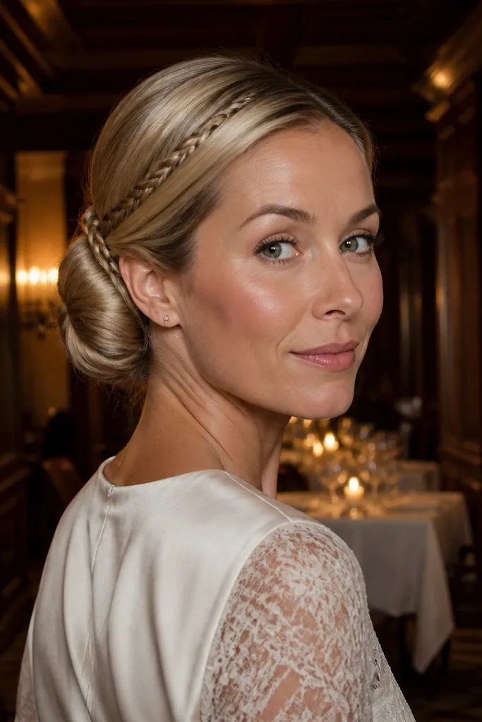 Short hair in a sleek low bun with a small braided insert detail