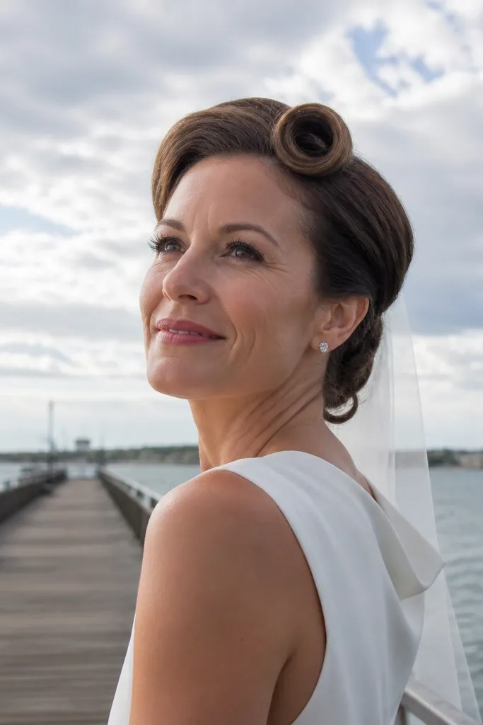 Short hair with a curled accent pinned near the side and a low twist back