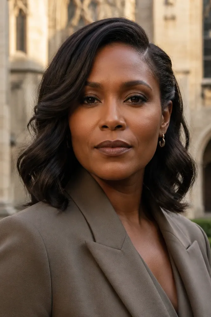 Shoulder-length hair in deep side part with soft waves, one side pinned under