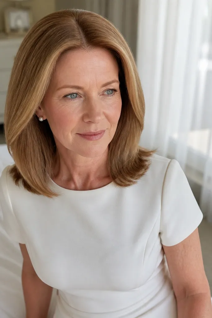 Shoulder-length hair center-parted, smooth roots, subtle volume at crown