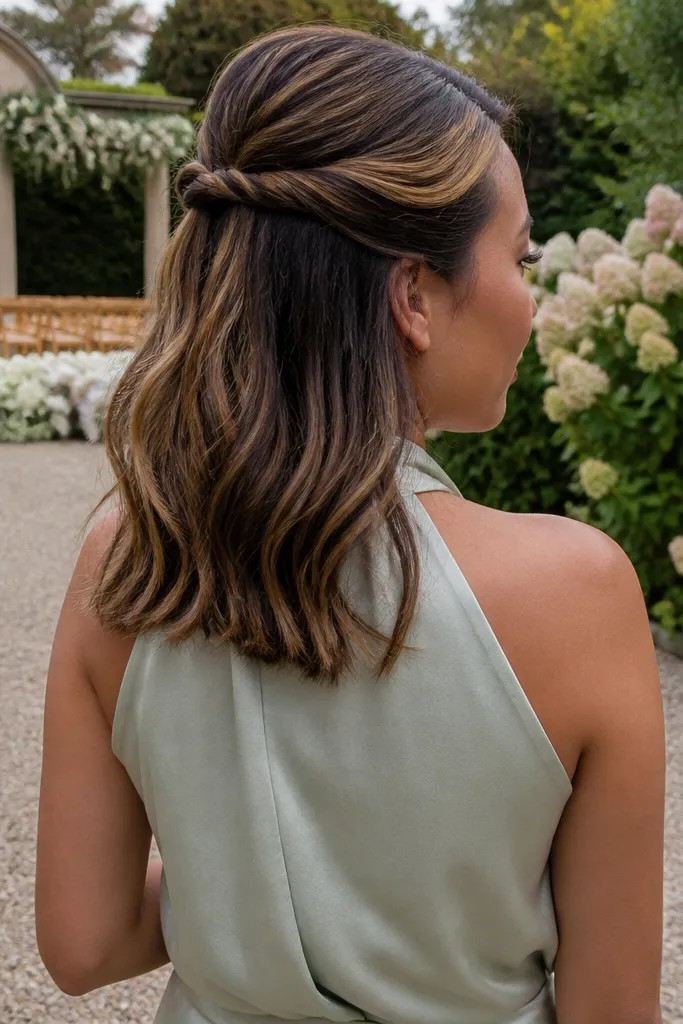 Half-up twisted knot with the rest falling in soft curls