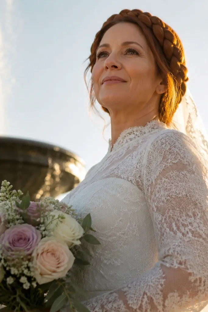Small crown braid halo with short hair tucked neatly under