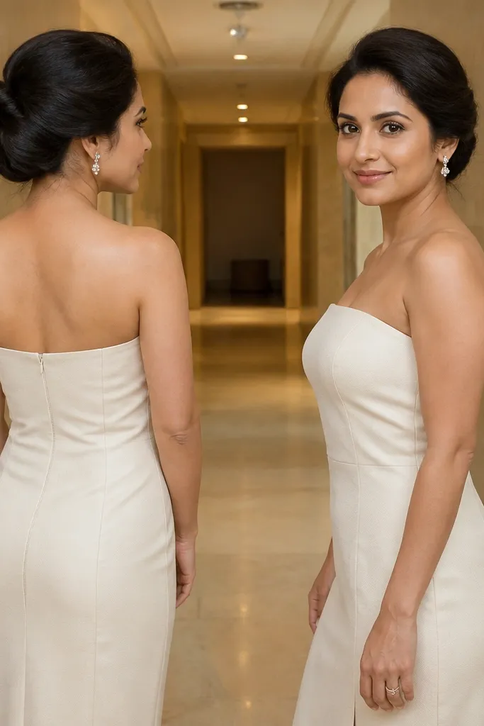 Low chignon with side volume and smooth pinned ends