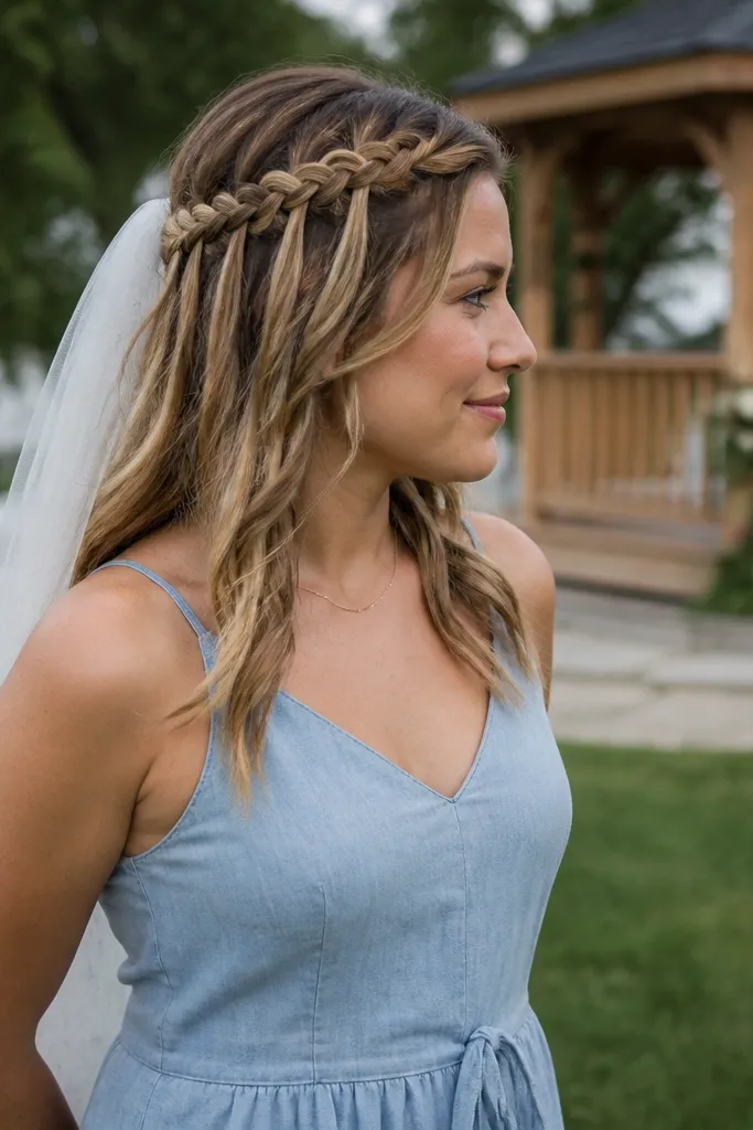 Waterfall braid along the side with loose wavy ends