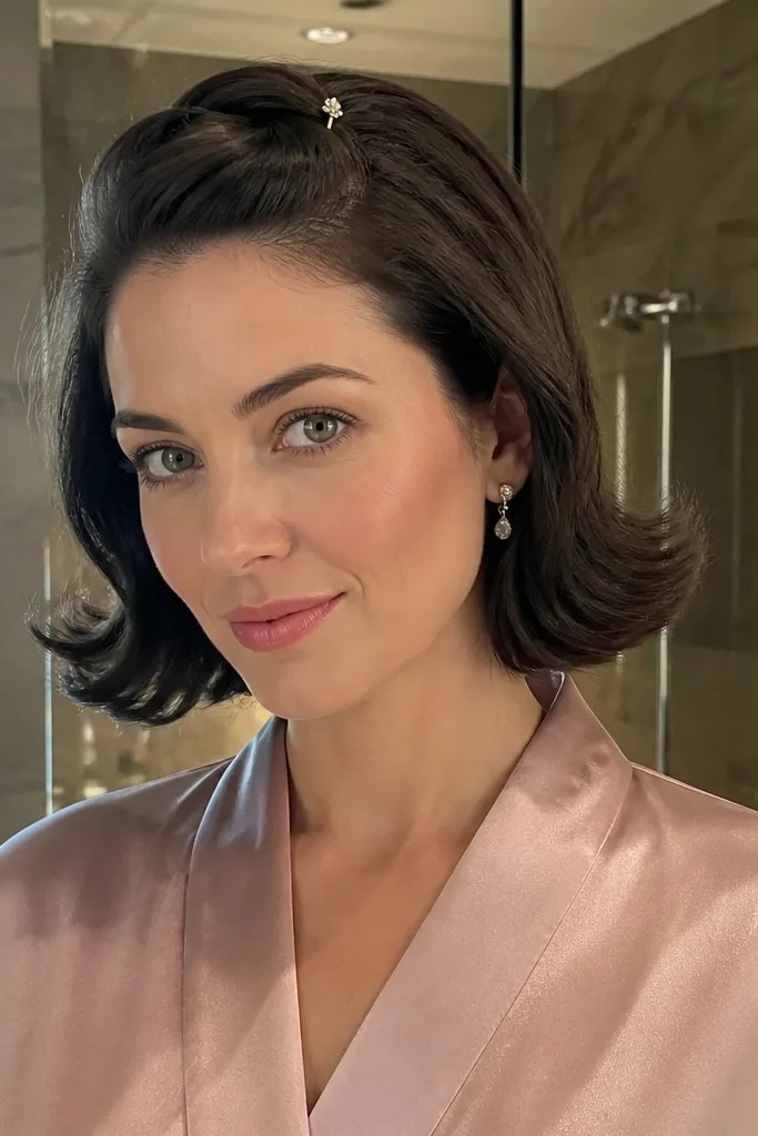 Shoulder-length hair with curled ends flipped out, crown pin detail