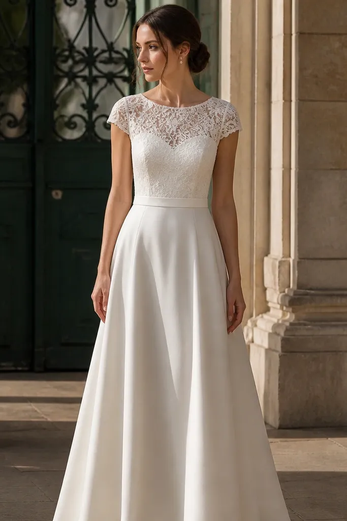 Ivory cap-sleeve lace top with a smooth satin skirt and a simple A-line silhouette