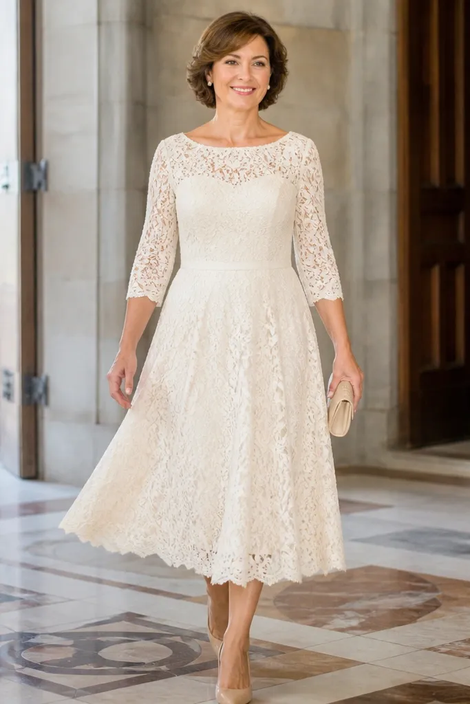 Ivory boat-neck lace bodice with a flared skirt and a neat fit-and-flare shape