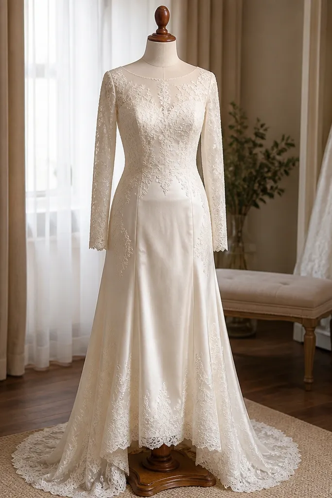 Ivory long-sleeve lace overlay dress with a smooth satin underlayer and modest neckline