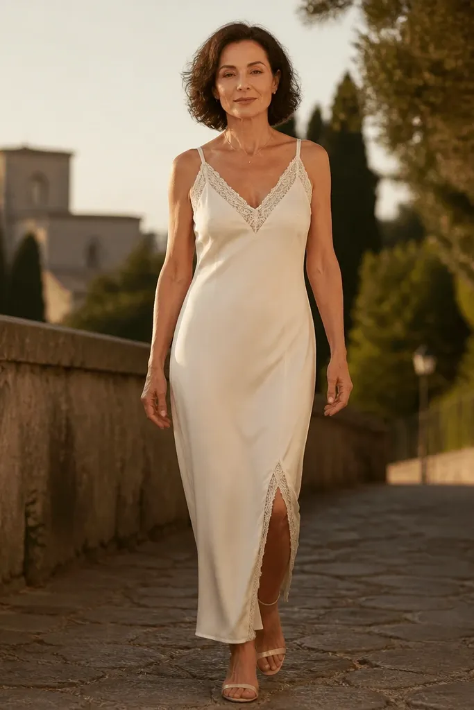 Ivory silk column dress with a lace-trimmed V-neck and a modest side slit