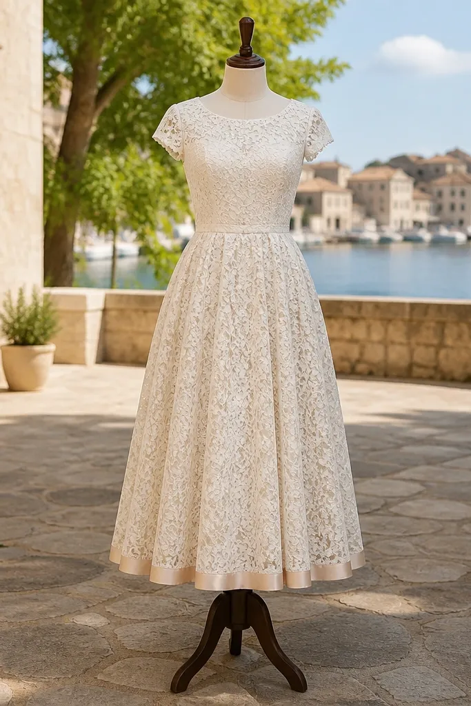 Ivory all-over lace tea-length dress with a neat, soft lace border at the hem