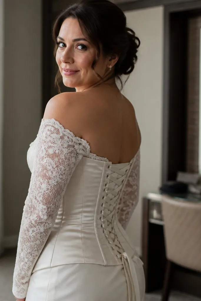 Ivory off-shoulder lace dress with a satin corset back and a smooth skirt