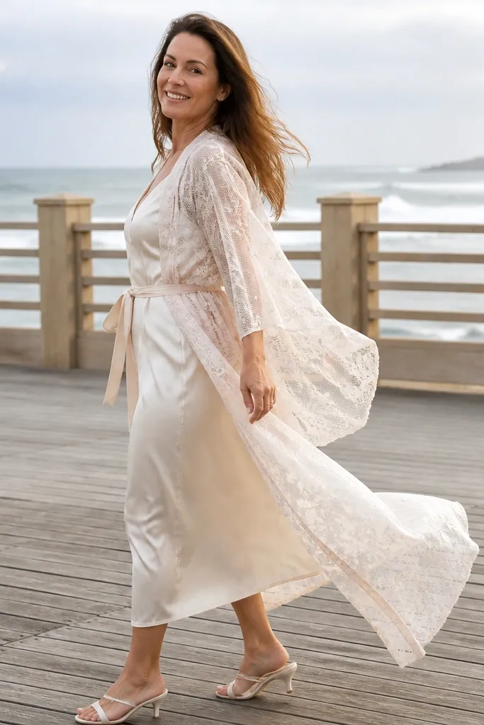 Ivory silk slip dress with a lace kimono wrap and tied waist