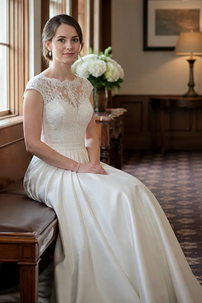 Ivory lace cap sleeve bodice with a pleated silk skirt ending above the floor