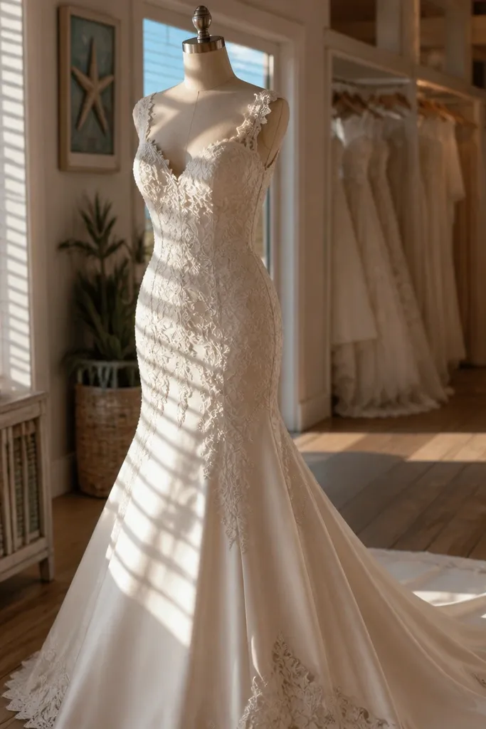 Ivory lace applique mermaid dress with a smooth stretch under-skirt and fitted silhouette