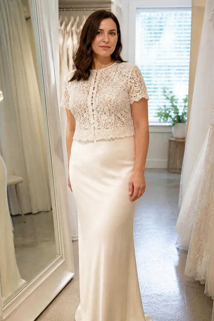 Ivory short-sleeve lace button-front bodice with a silk skirt and comfortable waist fit