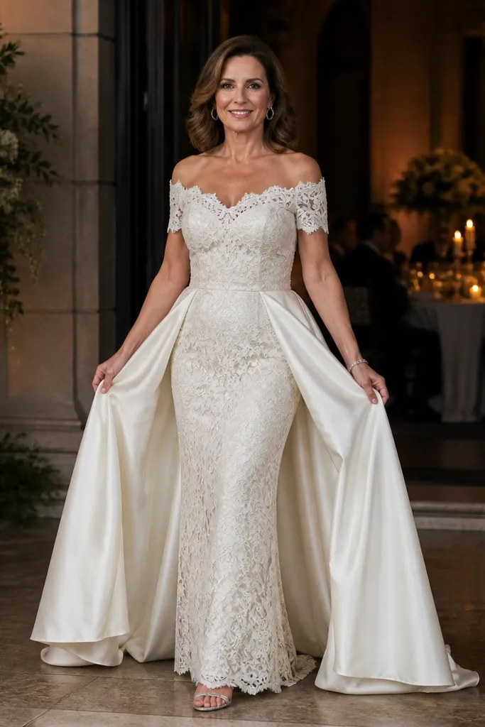 Ivory off-shoulder lace dress with a smooth removable satin overskirt