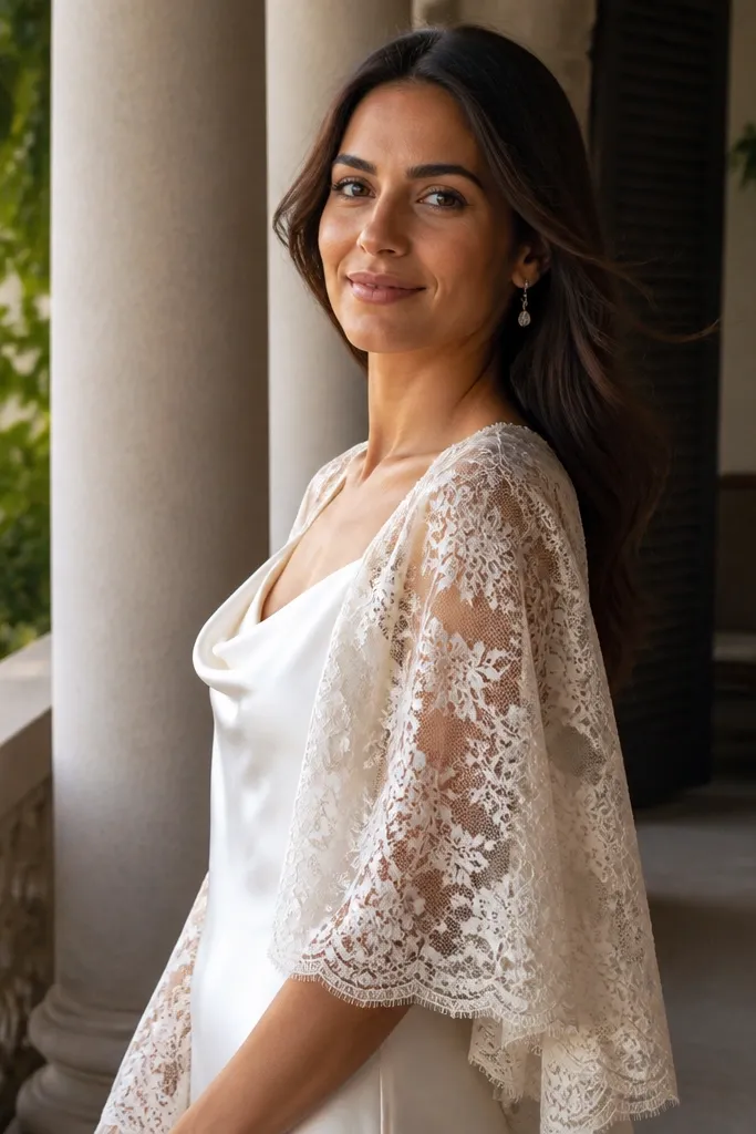 Silk charmeuse cowl dress with lace half-cape draped over shoulders