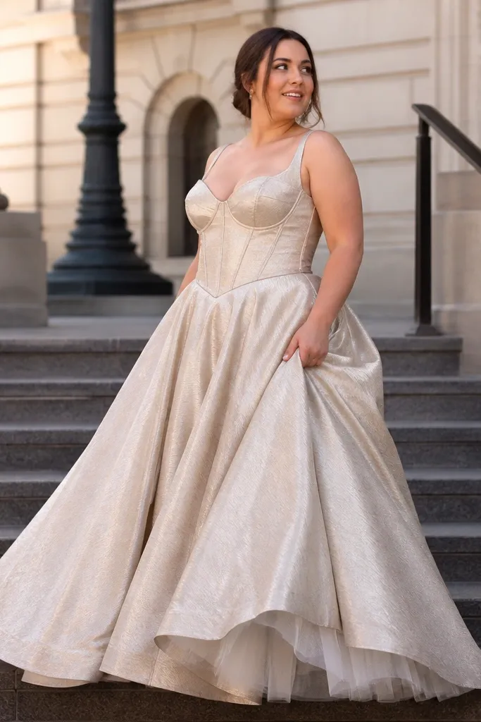Champagne dupioni ballgown with a corset bodice and full skirt