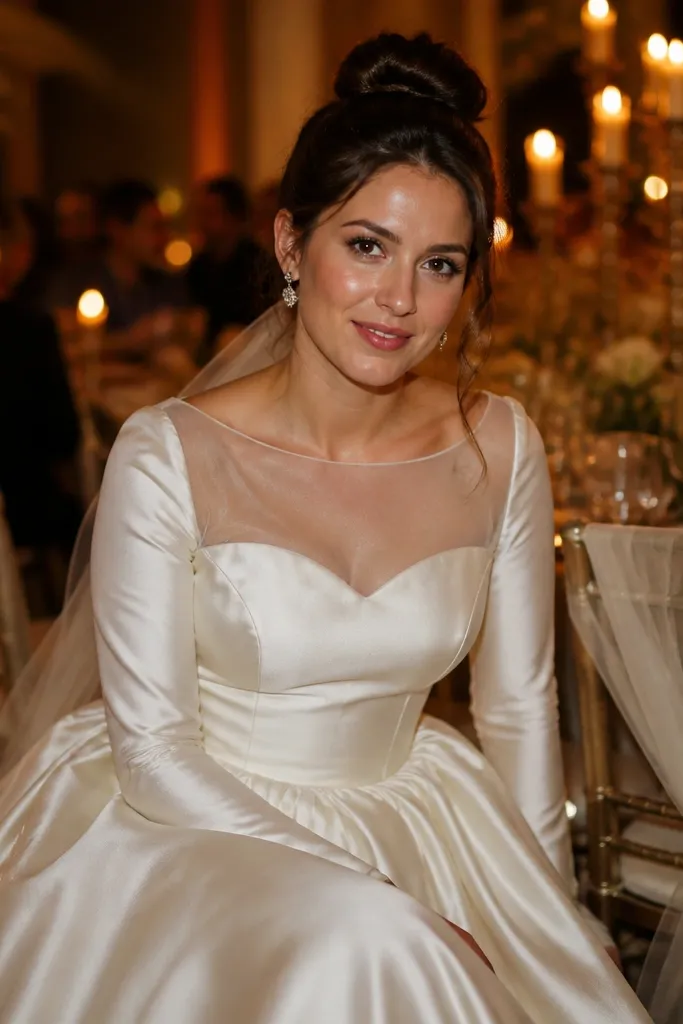 Ivory silk satin ballgown with long sleeves and an illusion neckline