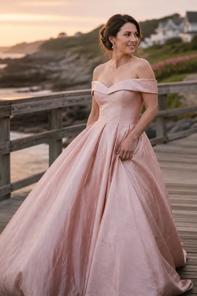 Rose blush dupioni off-shoulder ballgown with a full skirt