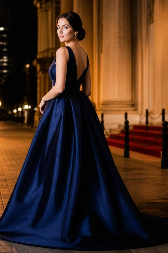 Deep navy dupioni ballgown with a high V-back and full skirt