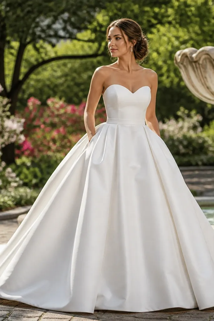 Pearl-white mikado silk ballgown with a sweetheart neckline