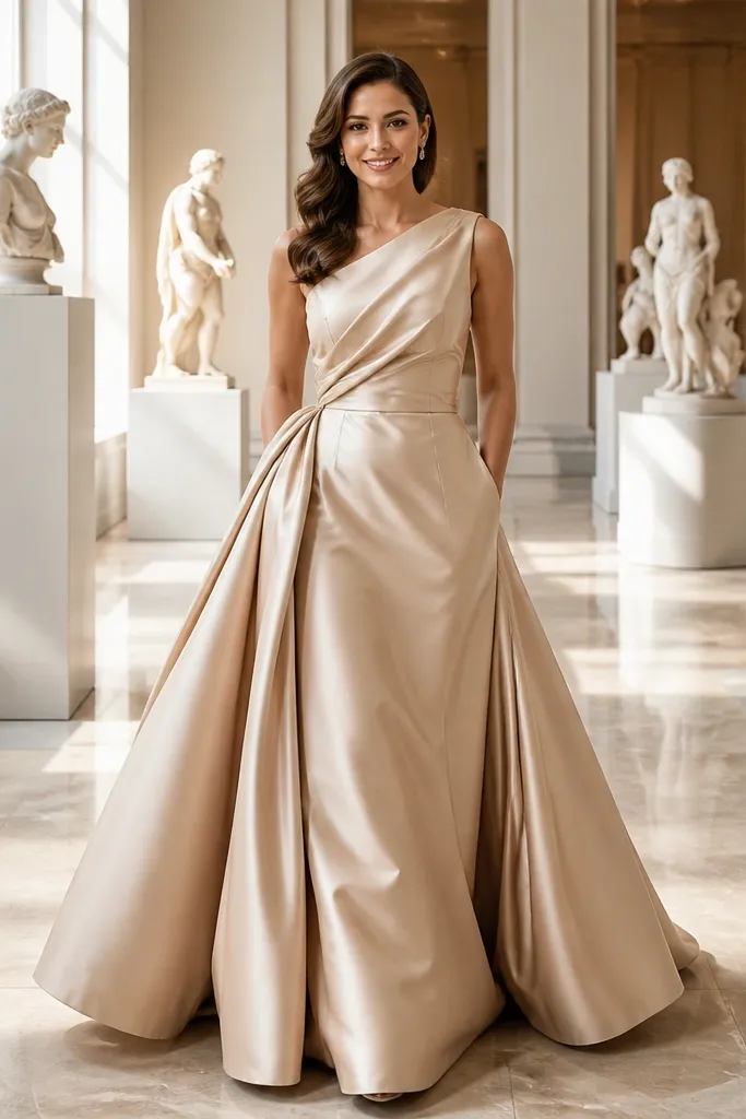 Champagne satin ballgown with an asymmetrical draped shoulder