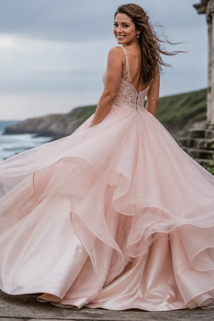 Soft blush chiffon overlay ballgown over a satin underskirt
