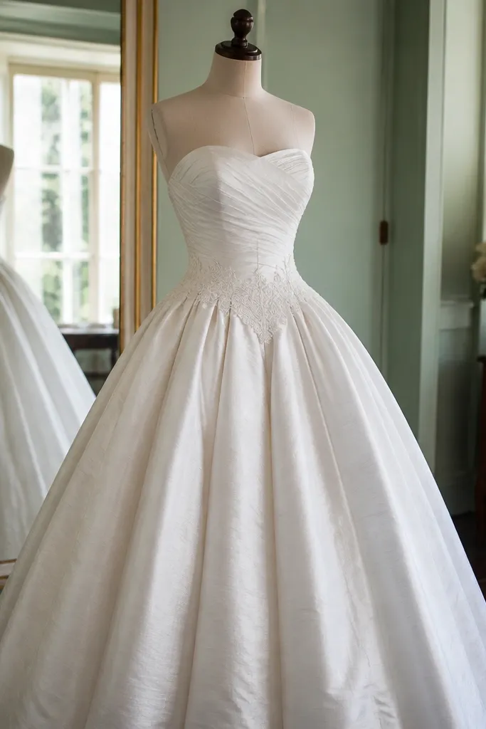Classic white dupioni ballgown with lace-trimmed basque waist