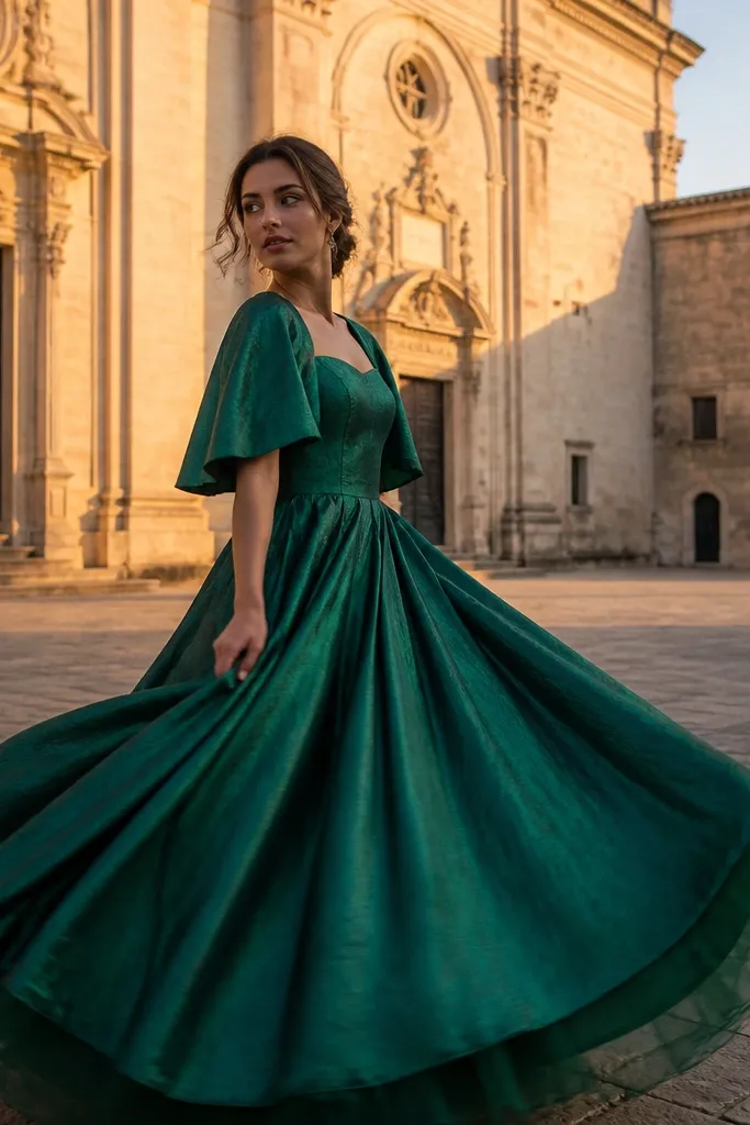 Emerald green dupioni ballgown with cape-like short sleeves