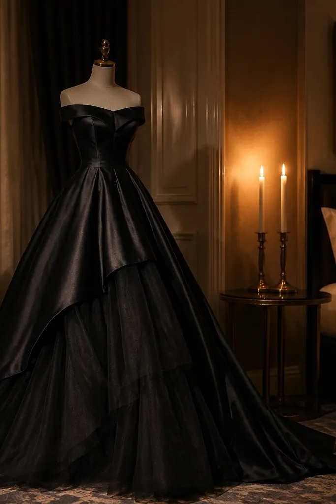 Black satin off-shoulder ballgown with a full tulle skirt