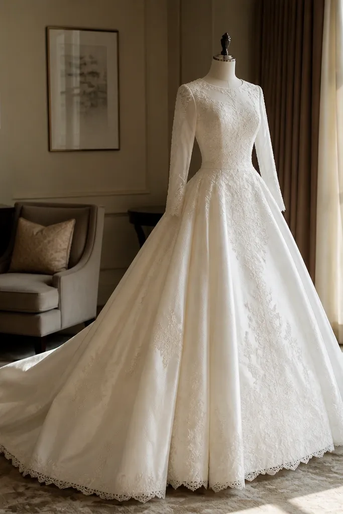 White dupioni ballgown with long lace sleeves and lace-edged cuffs