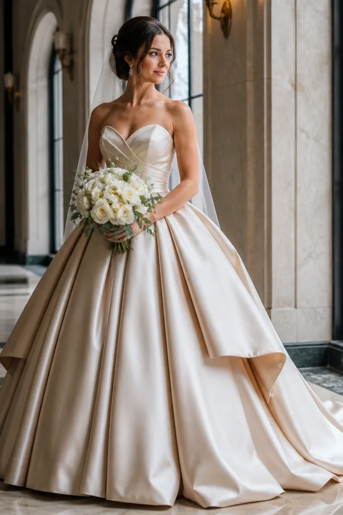 Champagne satin ballgown with a structured overskirt layer