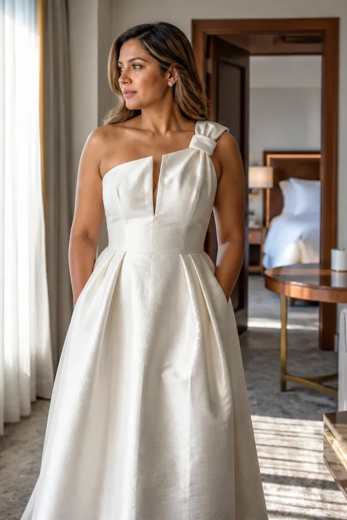 Ivory dupioni one-shoulder ballgown with a knot detail at the bodice