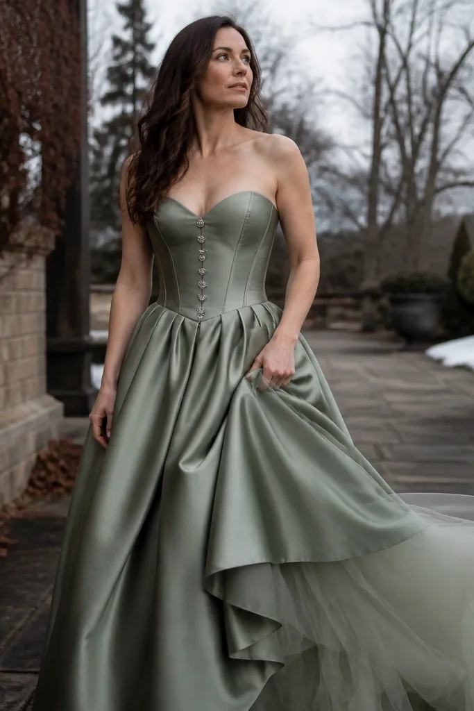 Sage green silk charmeuse ballgown with crystal buttons and soft tulle skirt