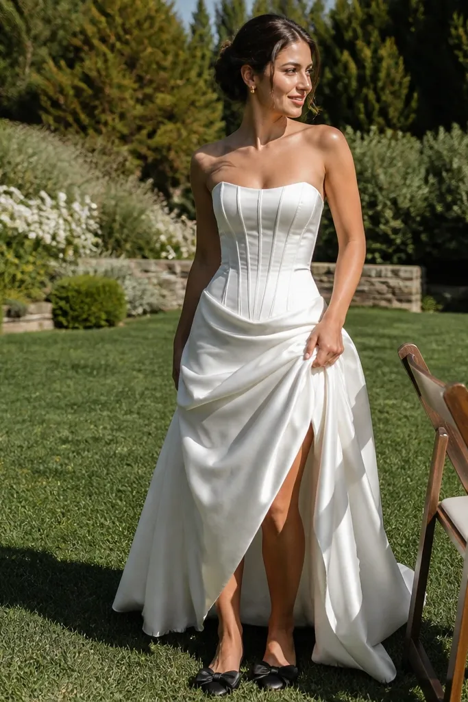 Ivory corset wedding dress with black ribbon bow flats and a dark hair bow