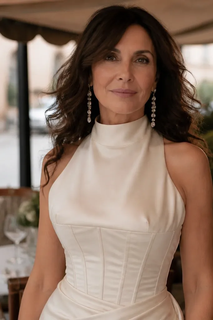 High-neck silk corset dress with long drop earrings and loose soft waves