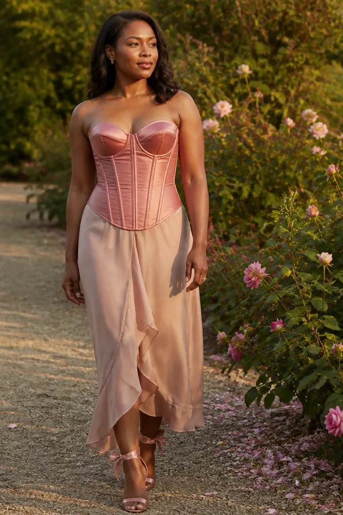 Rosewood silk corset wedding dress with dusty-rose ribbon tie heels and soft romantic makeup