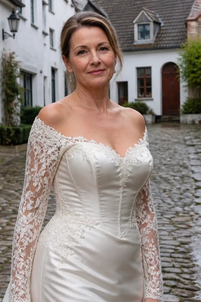 Ivory silk corset wedding dress with detachable long lace sleeves and a simple veil
