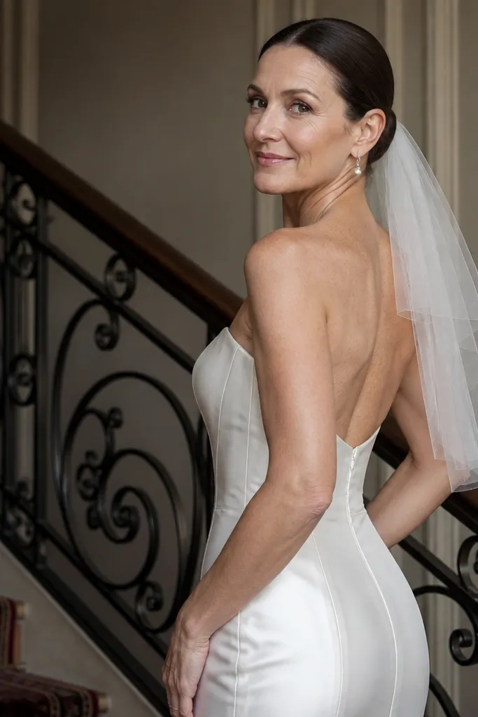 Ivory silk corset dress with a low-back veil and hair pinned flat at the nape