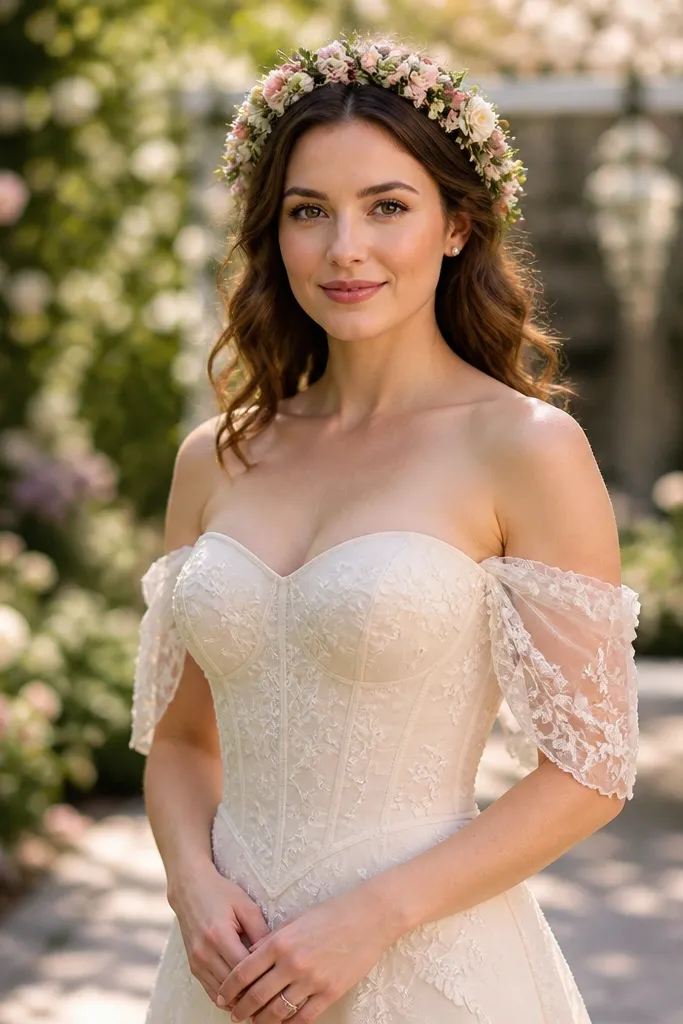 Champagne silk corset dress with a small floral headband and pearl stud earrings
